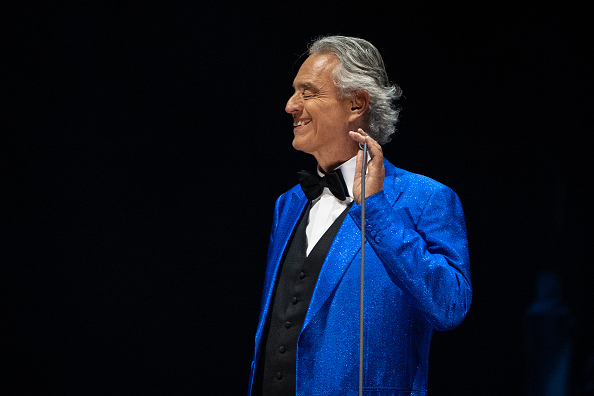 Italian tenor Andrea Bocelli performs on stage during a free concert at the Zocalo square in Mexico City on April 18, 2026.