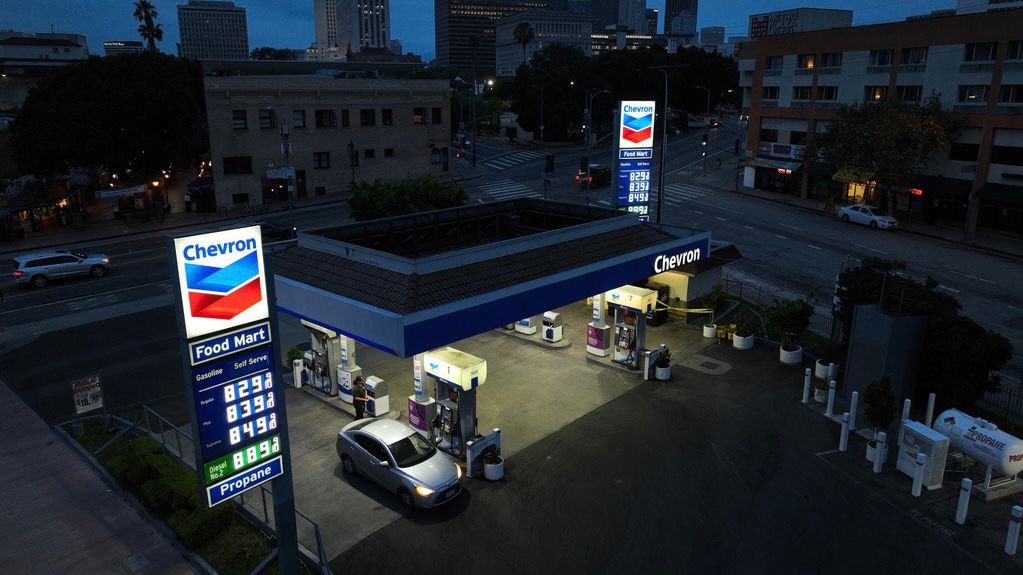Gas prices are displayed at a Chevron gas station in downtown Los Angeles on March 31, 2026. (AP Photo/Jae C. Hong)
