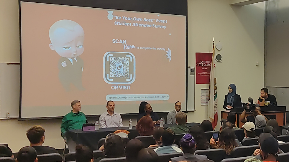 Faculty business owners and staff gather for the “Be Your Own Boss: The Basics of Entrepreneurship” workshop at San Diego City College, March 17, 2026. The event drew more than 120 students and featured a crash course on business structures and a panel discussion with local entrepreneurs. Photo by Venkateswar Rao Vadlamudi/City Times Media