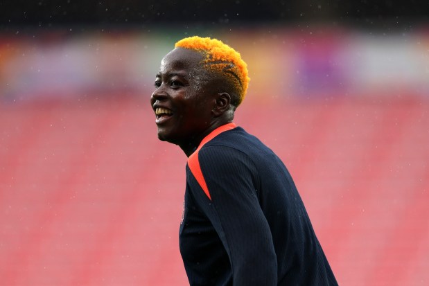 Racheal Kundananji #9 of Bay FC warms up prior to the NWSL match between NJ/NY Gotham FC and Bay FC at Sports Illustrated Stadium on April 25, 2026 in Harrison, New Jersey. (Photo by Caean Couto/Getty Images)