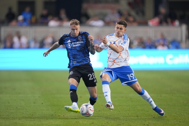 Benji Kikanović #28 of the San Jose Earthquakes is defended by David Vazquez #19 of San Diego FC during the San Jose Earthquakes vs. San Diego FC match at PayPal Park on April 4, 2026 in San Jose, California.