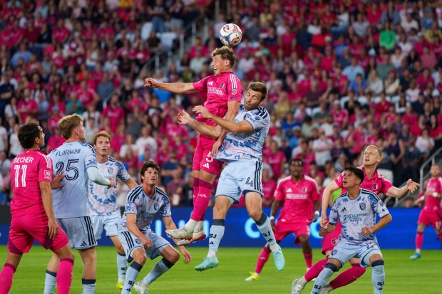 ST LOUIS, MISSOURI - APRIL 25: Lukas Macnaughton #5 of St. Louis CITY SC and Dave Romney #4 of San Jose Earthquakes battle for the ball during the MLS match between St. Louis CITY SC and San Jose Earthquakes at Energizer Park on April 25, 2026 in St Louis, Missouri. (Photo by Chris Carter/Getty Images)