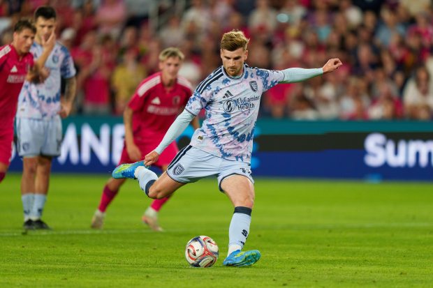 ST LOUIS, MISSOURI - APRIL 25: Timo Werner #11 of San Jose Earthquakes takes a penalty kick during the MLS match between St. Louis CITY SC and San Jose Earthquakes at Energizer Park on April 25, 2026 in St Louis, Missouri. (Photo by Chris Carter/Getty Images)