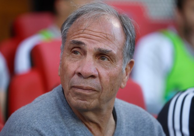 San Jose Earthquakes head coach Bruce Arena sits before their game against Minnesota United FC for the U.S. Open Cup round of 16 at PayPal Park in San Jose, Calif., on Tuesday, April 28, 2026. (Nhat V. Meyer/Bay Area News Group)