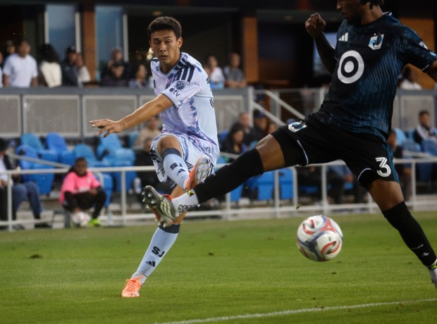 San Jose Earthquakes' Beau Leroux (34) takes a shot against Minnesota United FC's Kyle Duncan (3) in the first half of the U.S. Open Cup round of 16 at PayPal Park in San Jose, Calif., on Tuesday, April 28, 2026. (Nhat V. Meyer/Bay Area News Group)