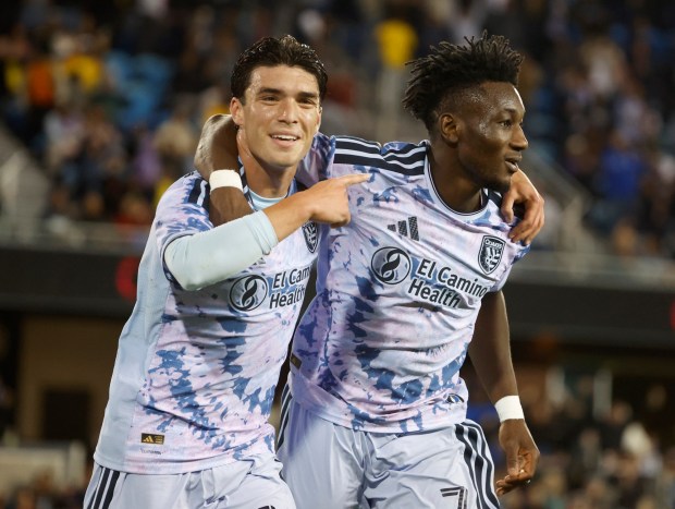 San Jose Earthquakes' Niko Tsakiris (10) celebrates his goal with San Jose Earthquakes' Ousseni Bouda (7) against Minnesota United FC in the second half of the U.S. Open Cup round of 16 at PayPal Park in San Jose, Calif., on Tuesday, April 28, 2026. (Nhat V. Meyer/Bay Area News Group)