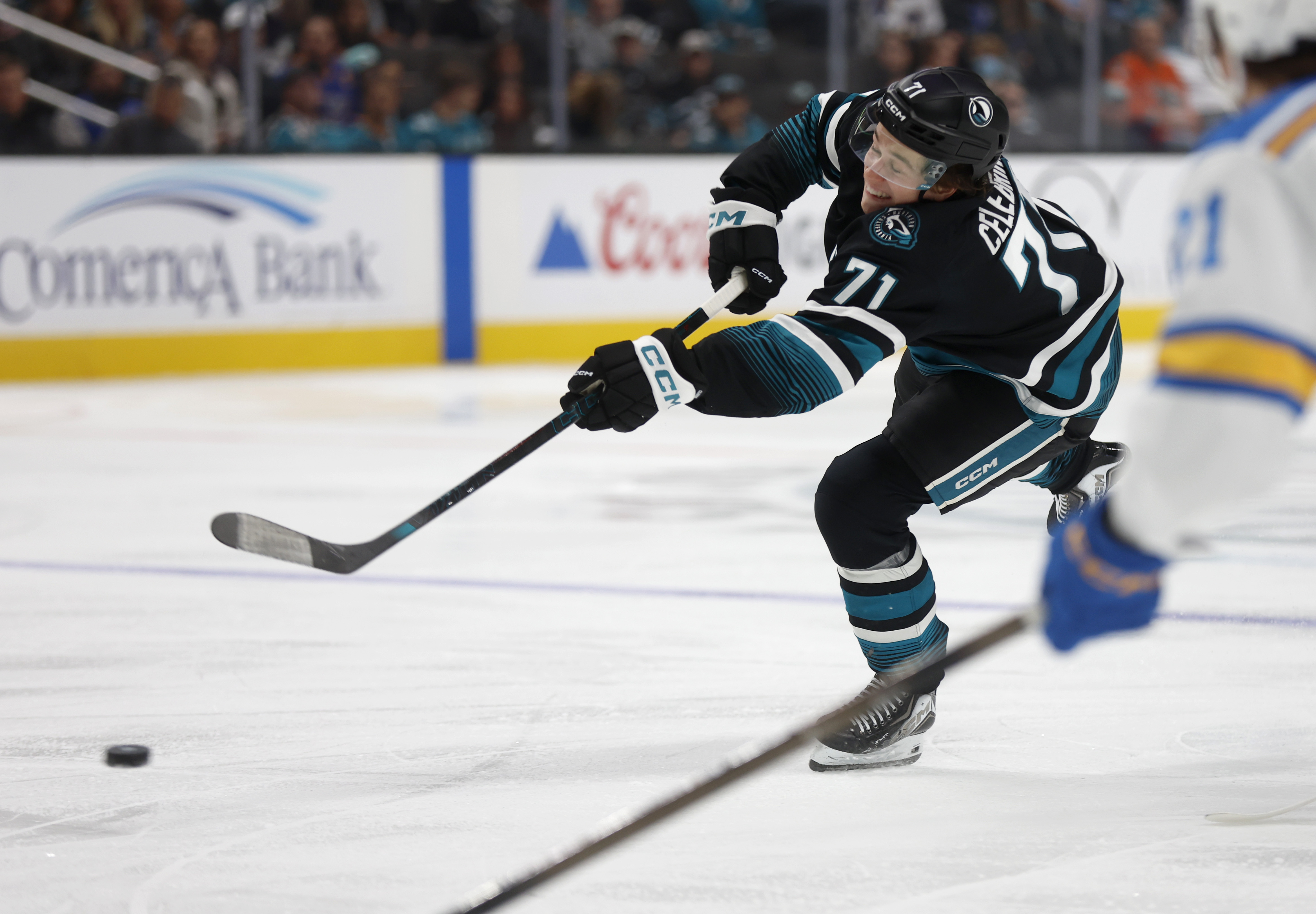 San Jose Sharks' Macklin Celebrini (71) takes a shot against...