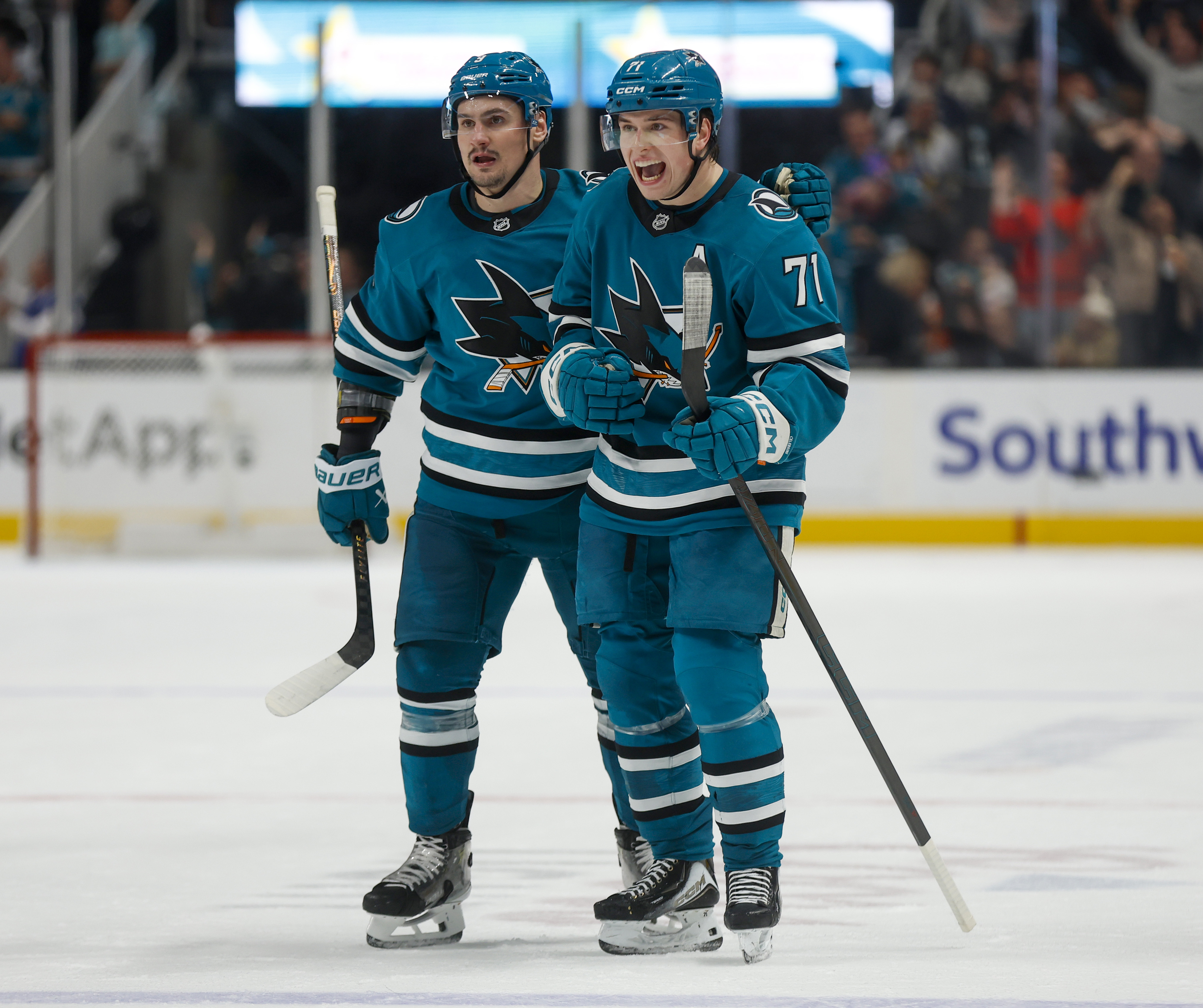 San Jose Sharks’ Macklin Celebrini (71) celebrates his goal with...
