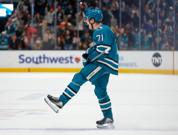 San Jose Sharks' Macklin Celebrini (71) celebrates his goal against the Anaheim Ducks in the third period at the SAP Center in San Jose, Calif., on Wednesday, April 1, 2026. (Nhat V. Meyer/Bay Area News Group)