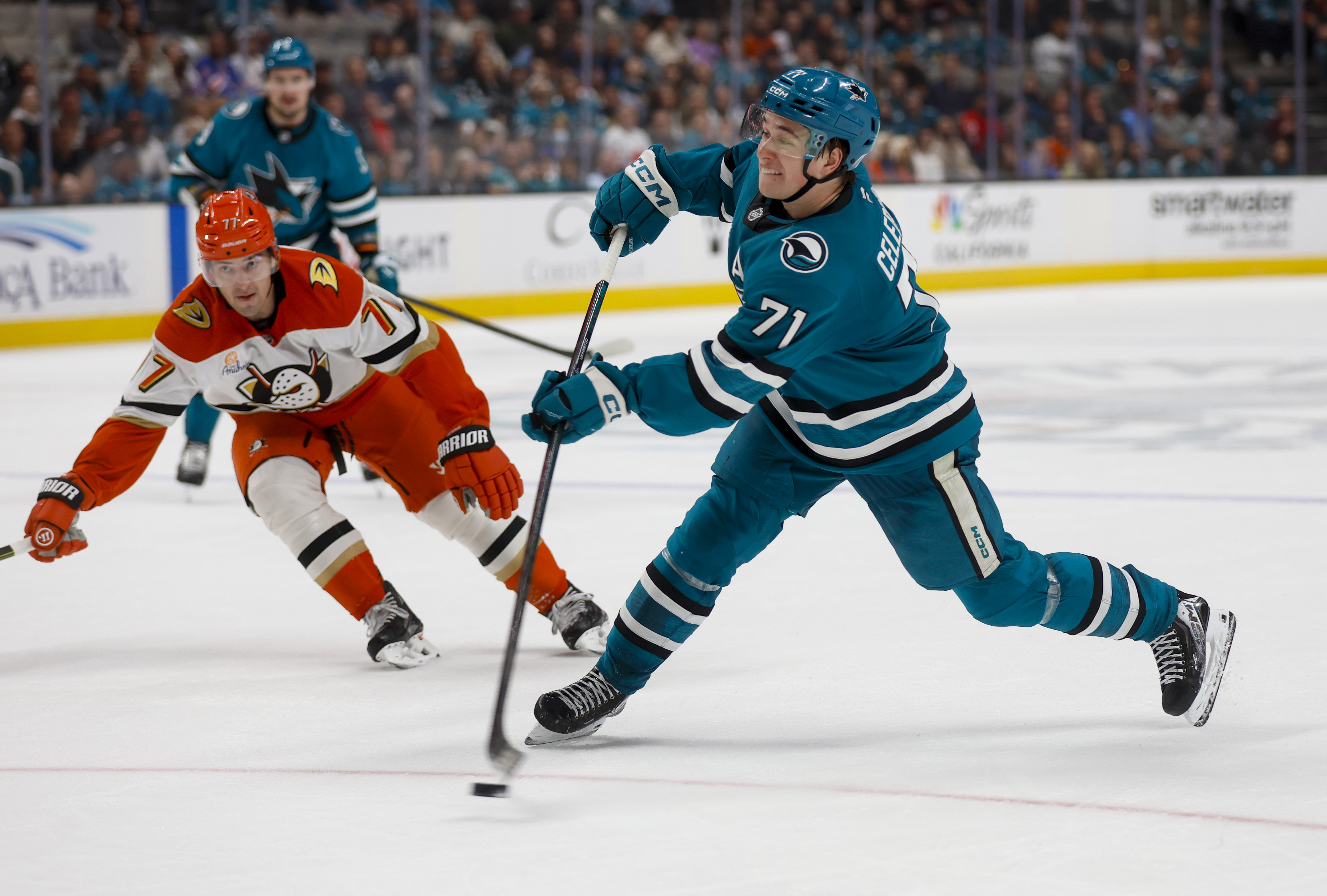 San Jose Sharks’ Macklin Celebrini (71) scores a goal against...