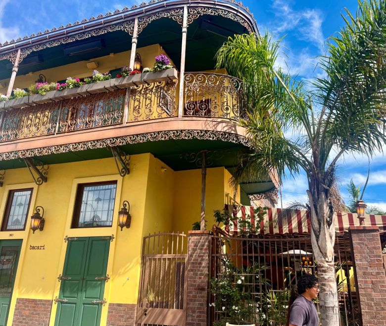 a facade with greenery with a balcony atop the roof.
