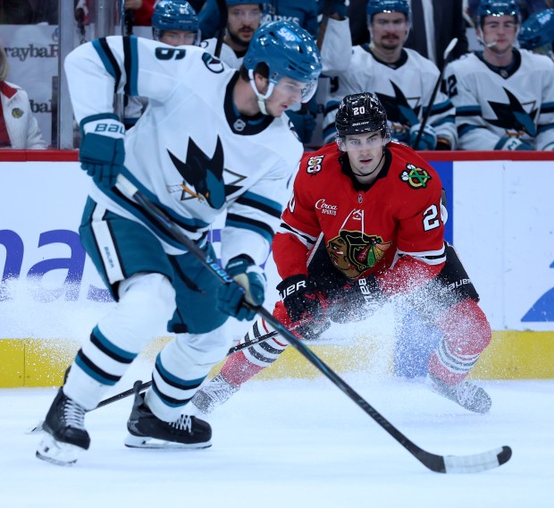 Chicago Blackhawks center Ryan Greene (20) watches as San Jose Sharks defenseman Sam Dickinson (6) makes a move in the first period of a game at the United Center in Chicago on April 15, 2026. (Chris Sweda/Chicago Tribune)