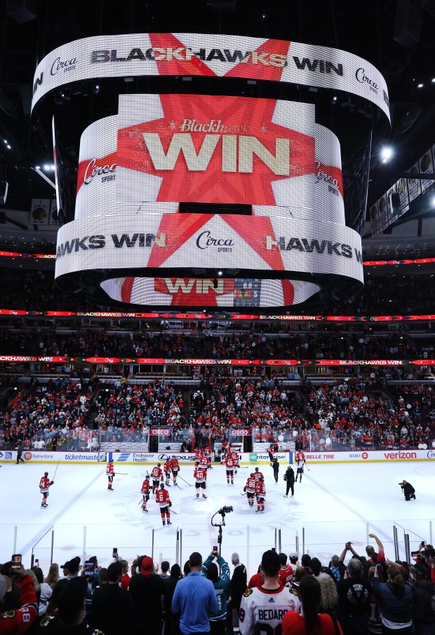 The Chicago Blackhawks celebrate a win over the San Jose Sharks at the United Center in Chicago on April 15, 2026. (Chris Sweda/Chicago Tribune)