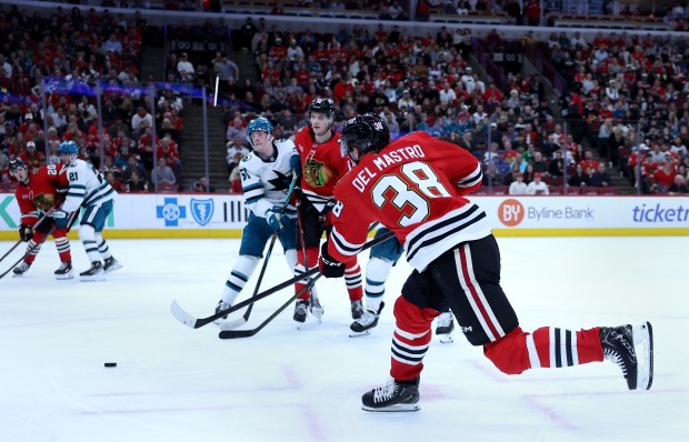 Chicago Blackhawks defenseman Ethan del Mastro (38) scores a goal in the third period of a game against the San Jose Sharks at the United Center in Chicago on April 15, 2026. (Chris Sweda/Chicago Tribune)