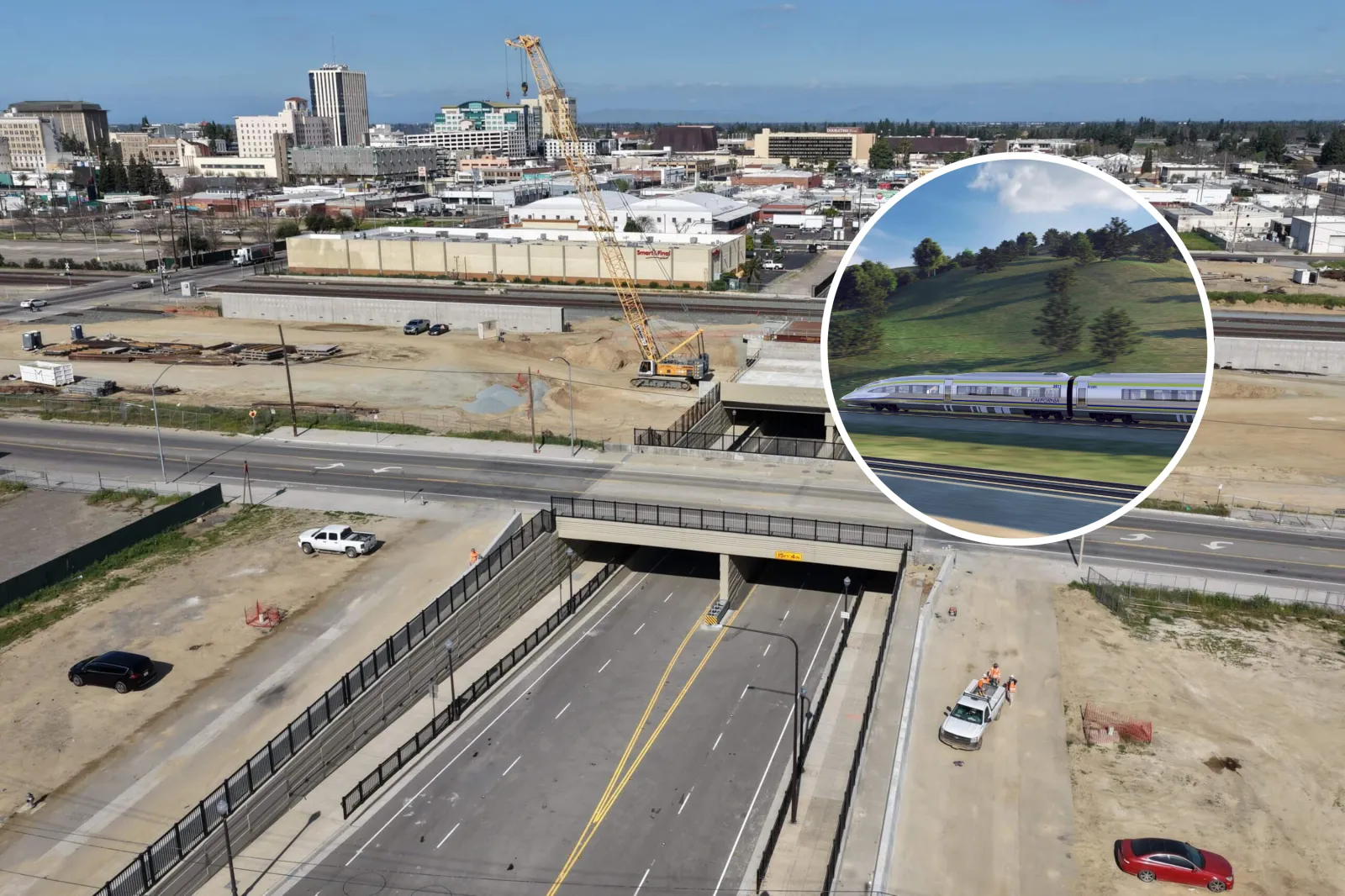The Cesar Chavez Boulevard underpass grade separation project [inset] rendering of a California High Speed Rail train