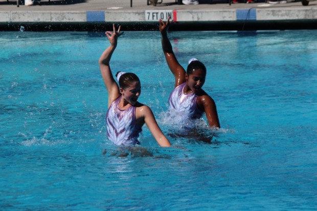 San Dieguito Sea Dragons Parise Mason (left) and Nitya Remias (right) compete at the West Zones Championships in the junior duet category. (Dave Boor)