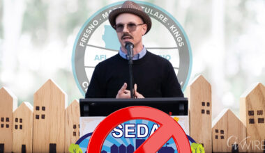 Composite Image of Fresno labor leader Dillon Savory with a skyline of houses and a no on SEDA logo