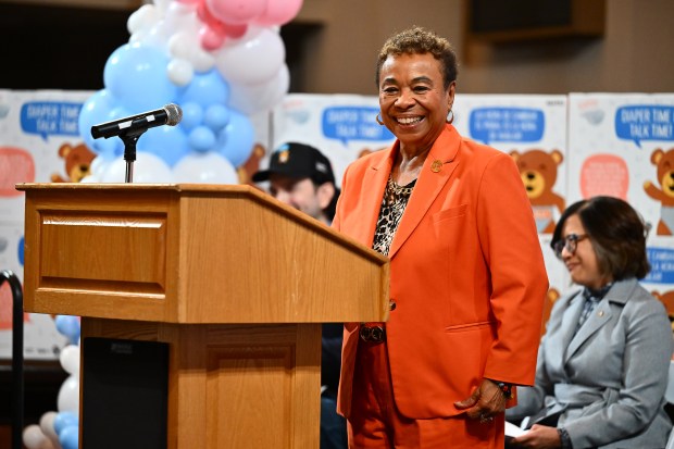 Oakland mayor Barbara Lee speaks during a press conference celebrating the launch of "Diaper Time is Talk Time" held at Oakland City Hall in Oakland, Calif., on Monday, Feb. 23, 2026. SupplyBank.org and Too Small to Fail launched an exclusive new line of diapers and wipes that will be distributed through nonprofit organizations and public organizations to families in need with young children. (Jose Carlos Fajardo/Bay Area News Group)
