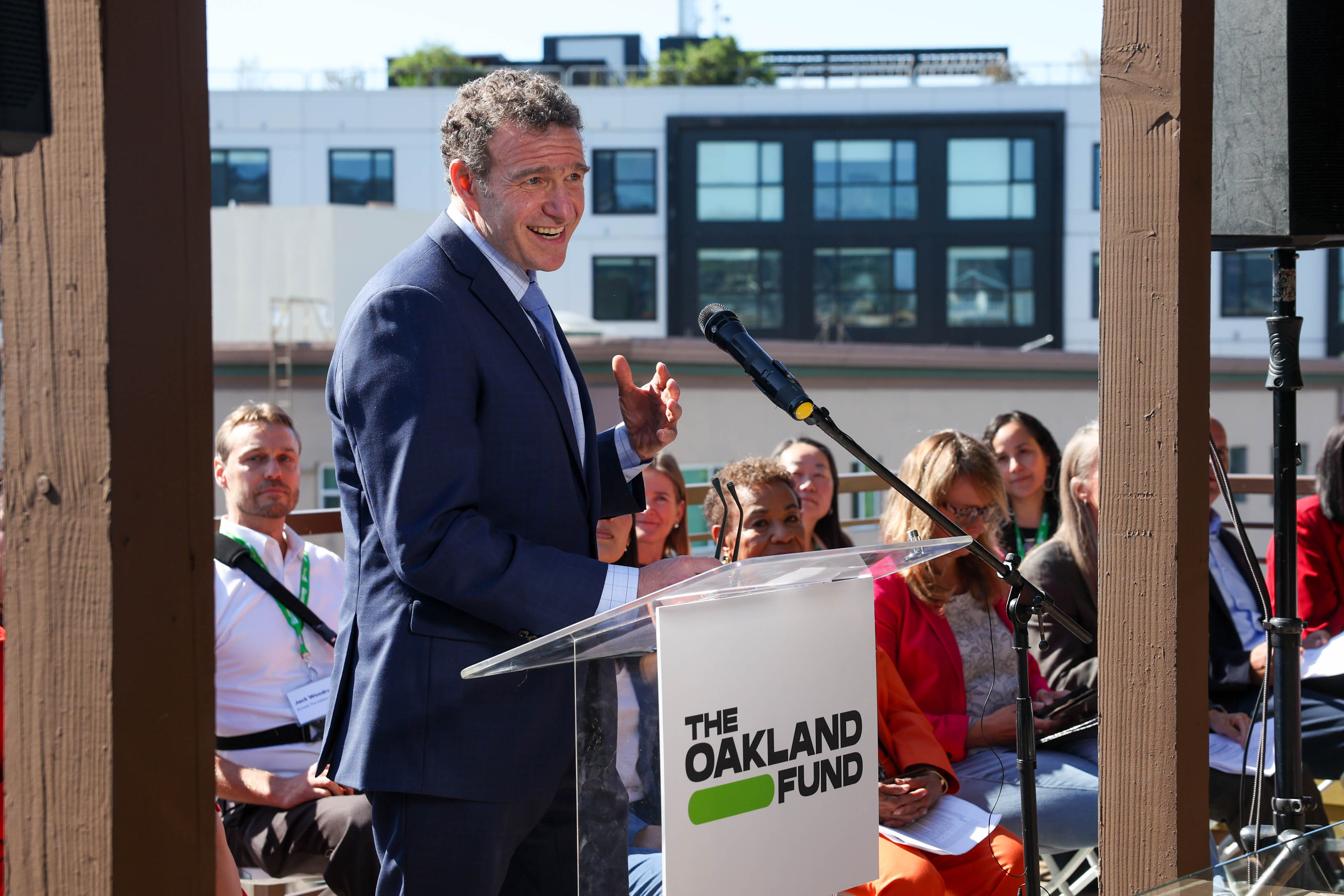 Oakland Councilmember Zac Unger speaks during a ribbon-cutting ceremony for...