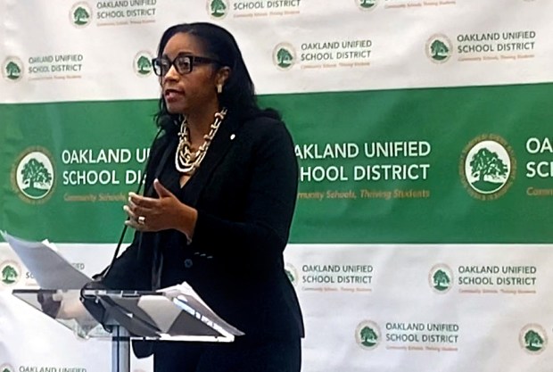 Kyla Johnson-Trammell, who was hired in 2017 as superintendent of the Oakland Unified School District, speaks at a news conference at district headquarters on Thursday, May 29, 2025. (Shomik Mukherjee/Bay Area News Group)