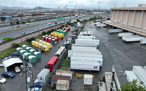 A drone view of the Peralta cabins tiny homes at Peralta and Third Streets adjacent to the Oakland main post office in Oakland, Calif., on Tuesday, March 31, 2026. The city-contracted tiny home village in West Oakland is slated for closure on March 31. (Jane Tyska/Bay Area News Group)