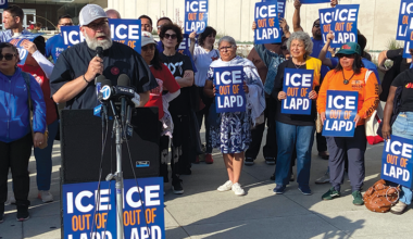 Anti-ICE demonstrators rally outside LAPD headquarters