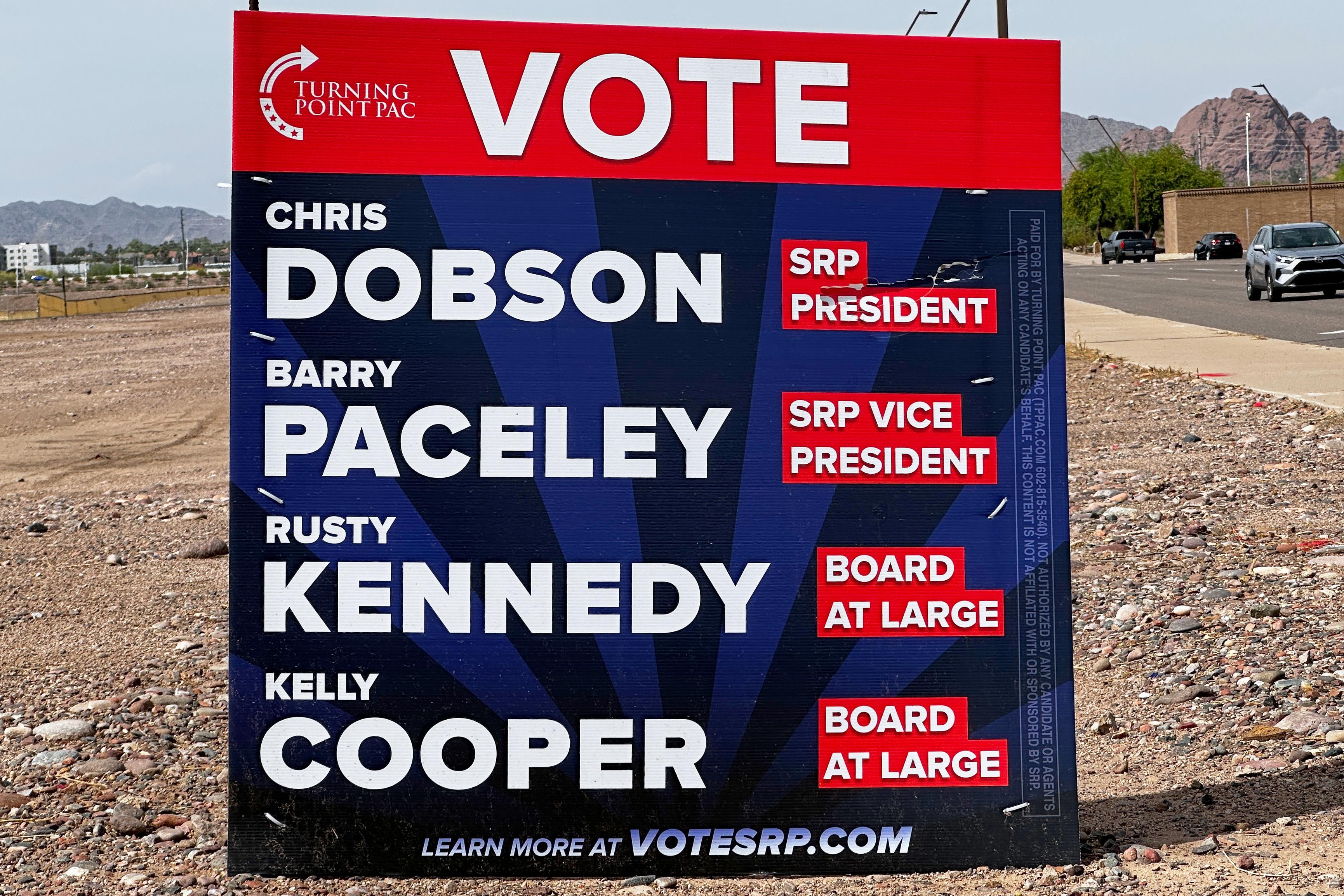 A sign supporting candidates for the Salt River Project board.