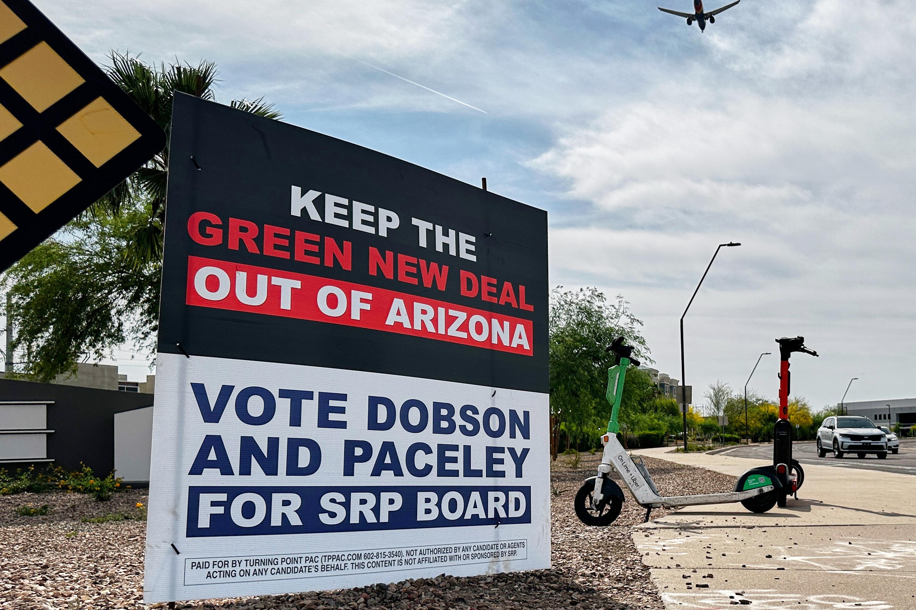 A sign supporting candidates for the Salt River Project board.