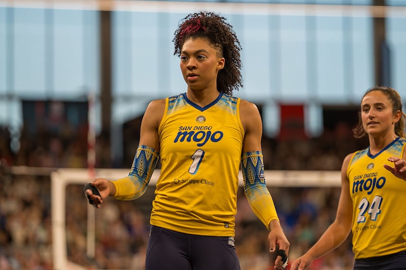 Rainelle Jones #1 of San Diego Mojo looks on during a game between San Diego Mojo and Atlanta Vibe at Georgia State Convocation Center