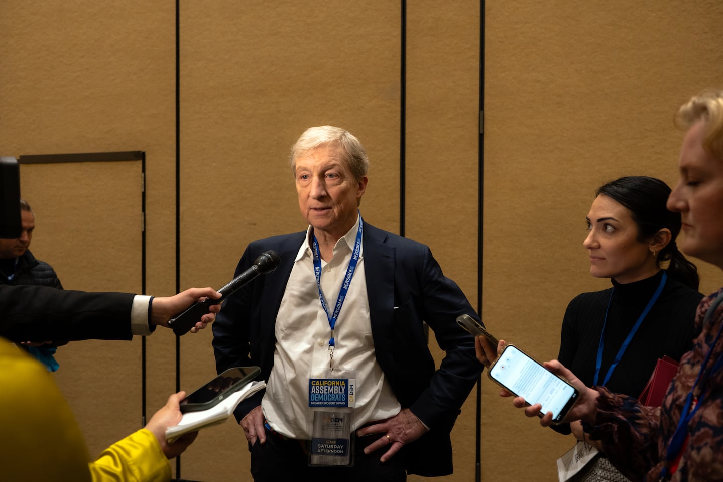 Tom Steyer, the the billionaire financier and candidate for governor. at the California Democratic Party convention in San Francisco on Feb. 21, 2026. Steyer has spent roughly $120 million of his fortune on advertising.