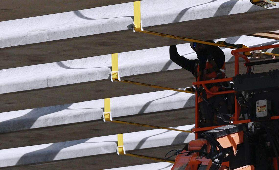 Work continues on the girders whihc will help span 457 feet for six lanes of traffic at the Shaw Avenue Overpass and Grade Separation Project, seen during a tour of HSR work Wednesday, April 15, 2026 in Fresno.