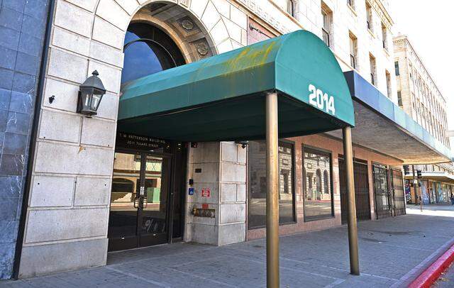 An entryway along Tulare Street for the historic T. W. Patterson building, a landmark in downtown Fresno, shown Wednesday, April 1, 2026. The building has been listed for sale online at $8.1 million. 