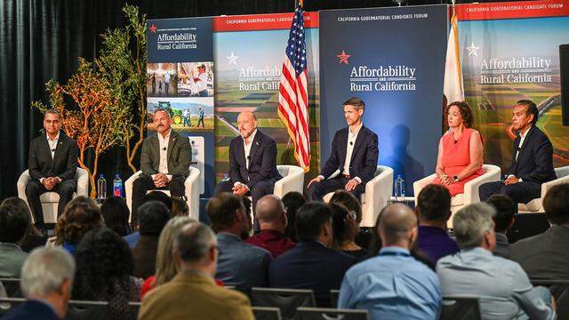 California gubernatorial candidates, from left, Xavier Becerra, Chad Bianco, Steve Hilton, Matt Mahan, Katie Porter, and Antonio Villaraigosa sit on stage during a forum hosted by the Western Growers Association at Fresno State on Wednesday, April 1, 2026.
