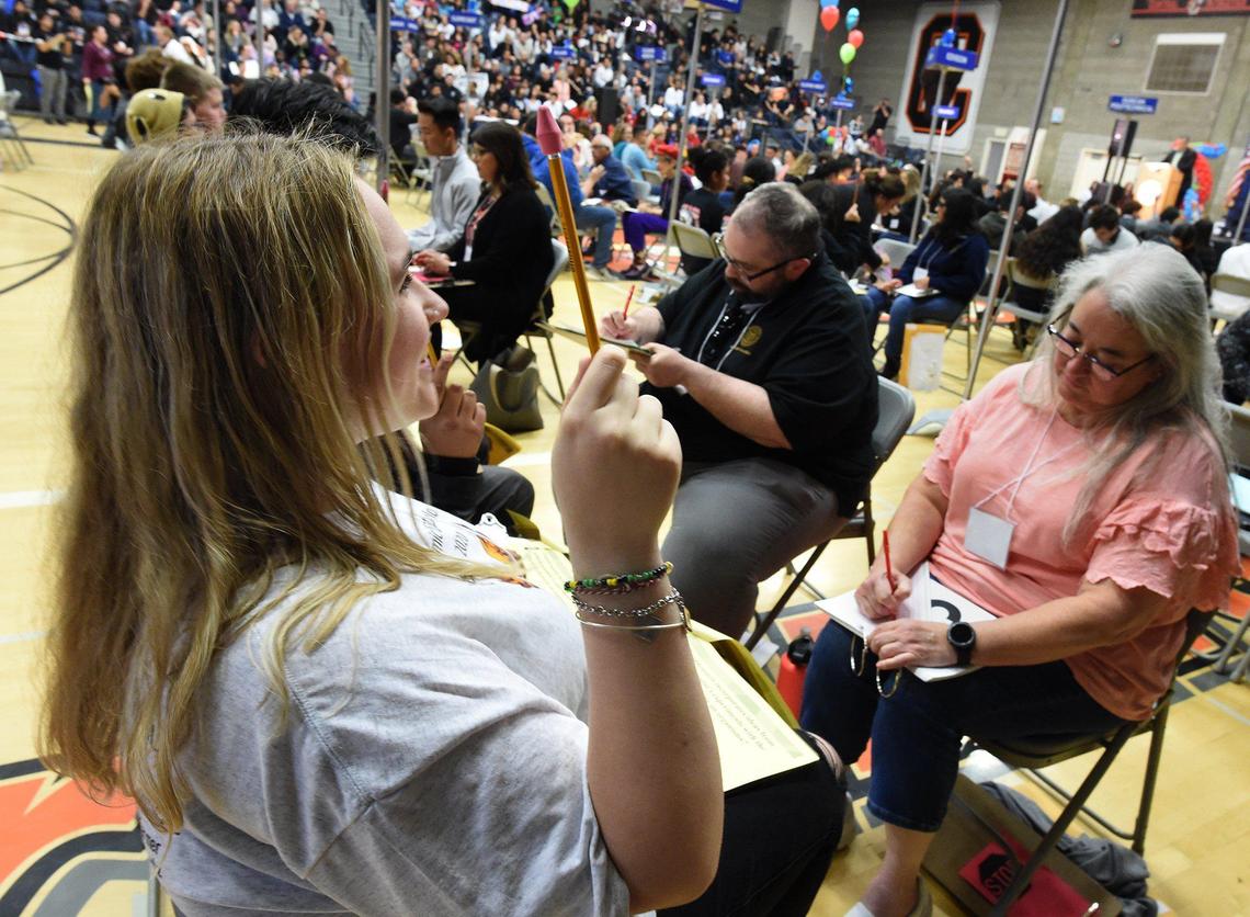 University High School’s Cali Tobier signals pencil up to show she’s ready for competition during the Academic Decathlon Super Quiz Central East High School gym, Saturday Jan. 31, 2020.