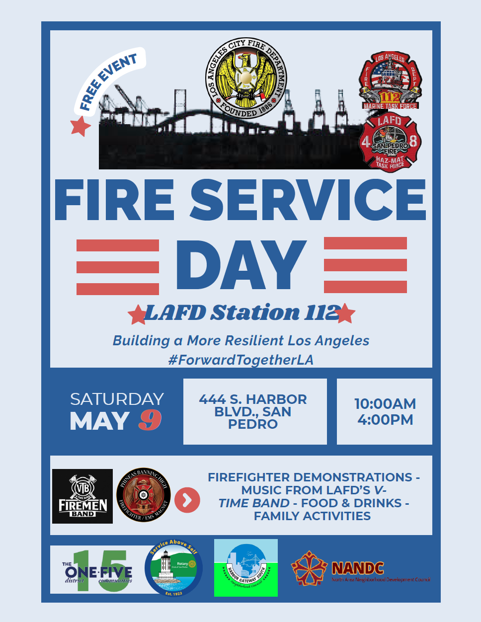 Alt text: "Flyer for Fire Service Day at LAFD Station 112 on May 9th. Event includes firefighter demos, music, food, and family activities. Free entry."