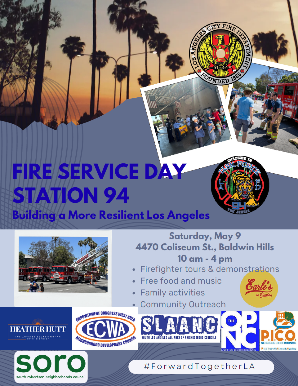 Flyer for Fire Service Day at Station 94, Baldwin Hills. Features fire department logos, event details, and community sponsor logos. Background shows palm trees at sunset.