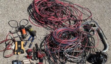 Four people were arrested in Bakersfield Wednesday, April 1, 2026, during a search warrant tied to a copper wire theft investigation, with deputies recovering 200 pounds of stolen wire, burglary tools, and an illegal marijuana grow. (Kern County SO)