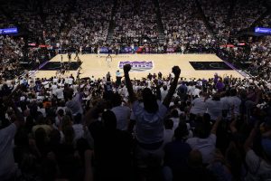 A general view as fans cheer during the third quarter in game seven of the Western Conference First Round Playoffs between the Golden State Warriors and the Sacramento Kings at Golden 1 Center on April 30, 2023 in Sacramento, California.