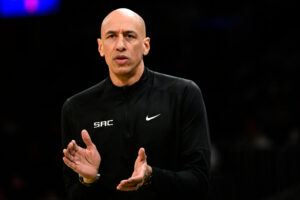 BOSTON, MASSACHUSETTS - JANUARY 10: Head coach Doug Christie of the Sacramento Kings reacts during the first half against the Boston Celtics at TD Garden on January 10, 2025 in Boston, Massachusetts. NOTE TO USER: User expressly acknowledges and agrees that, by downloading and or using this photograph, User is consenting to the terms and conditions of the Getty Images License Agreement. (Photo by Billie Weiss/Getty Images)