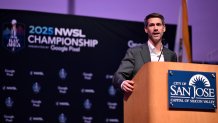 SAN JOSE, CALIFORNIA - NOVEMBER 20: Mayor of San Jose, Matt Mahan, speaks during the NWSL Championship Welcome Reception at Rotunda at San Jose City Hall on November 20, 2025 in San Jose, California. (Photo by Eakin Howard/NWSL via Getty Images)