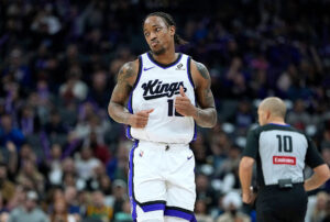 SACRAMENTO, CALIFORNIA - JANUARY 11: DeMar DeRozan #10 of the Sacramento Kings reacts after scoring against the Houston Rockets in the second half at Golden 1 Center on January 11, 2026 in Sacramento, California. NOTE TO USER: User expressly acknowledges and agrees that, by downloading and or using this photograph, User is consenting to the terms and conditions of the Getty Images License Agreement. (Photo by Thearon W. Henderson/Getty Images)