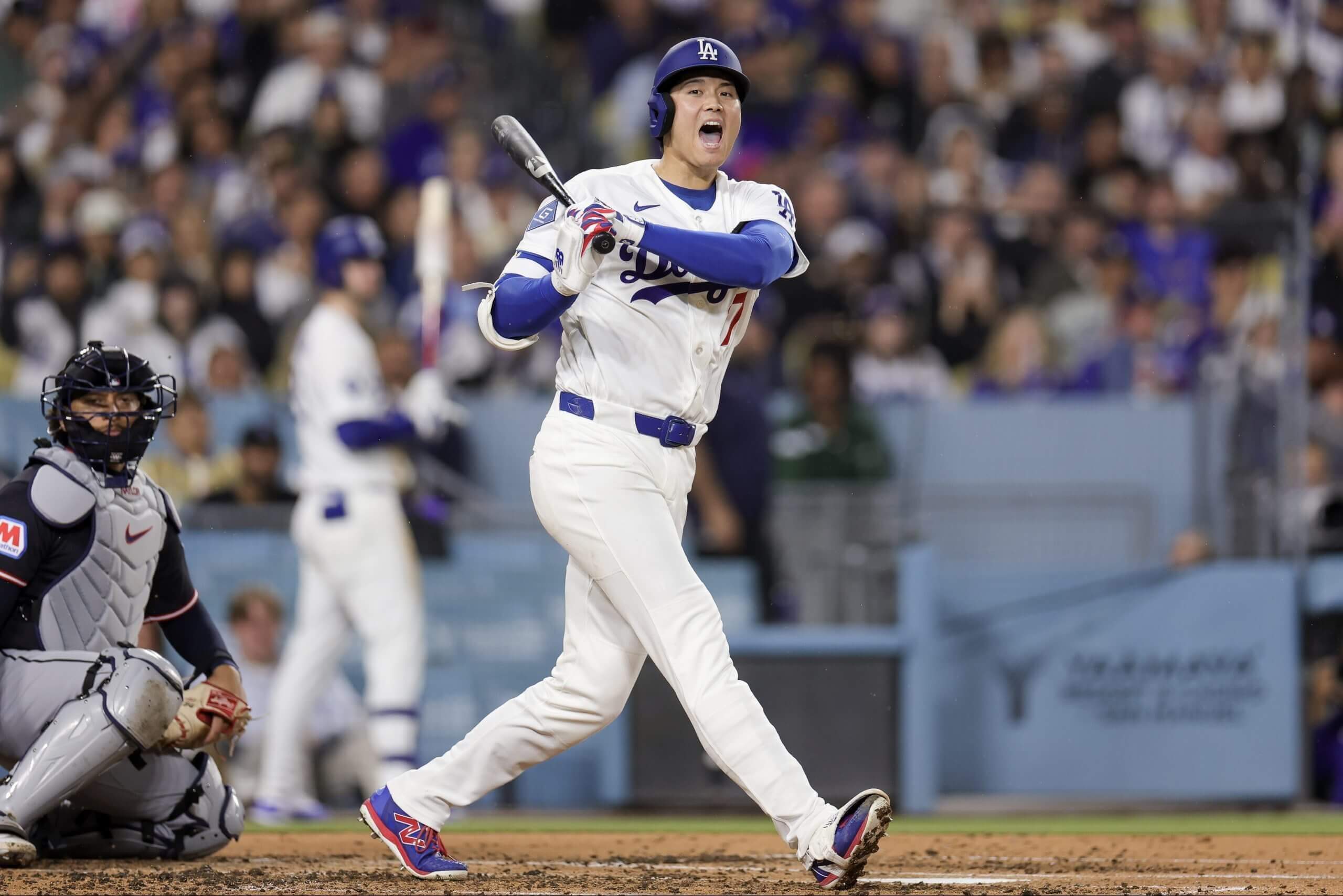 Shohei Ohtani swings during a game versus Cleveland.
