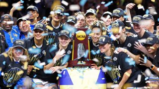 PHOENIX, ARIZONA – APRIL 05: Members of the UCLA Bruins pose with the trophy after their victory against the South Carolina Gamecocks in the National Championship of the NCAA Women’s Basketball Tournament at Mortgage Matchup Center on April 05, 2026 in Phoenix, Arizona. (Photo by Christian Petersen/Getty Images)