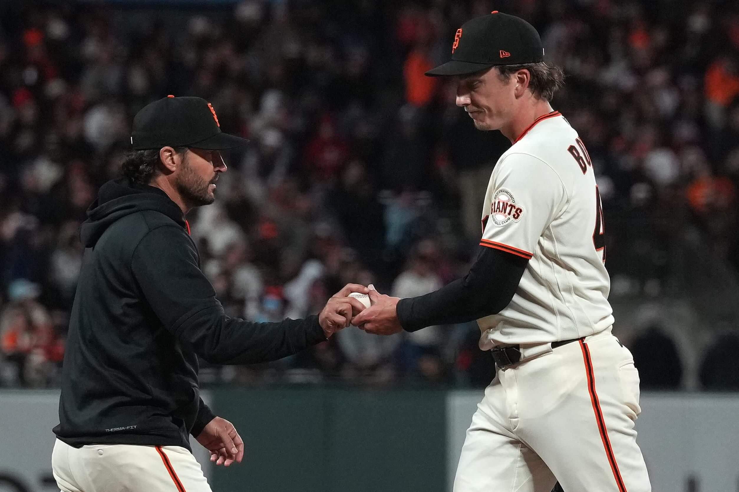SAN FRANCISCO, CALIFORNIA - APRIL 06: Manager Tony Vitello #23 of the San Francisco Giants takes pitcher Ryan Borucki #47 out of the game against the Philadelphia Phillies in the top of the seventh inning at Oracle Park on April 06, 2026 in San Francisco, California.