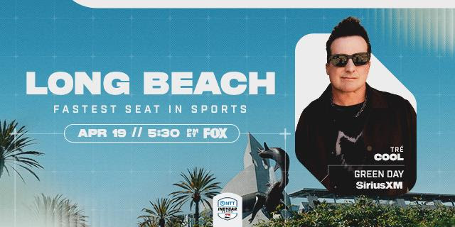 Promotional poster for Long Beach: 'Fastest Seat in Sports,' featuring a man in sunglasses and the date Apr 19 at 5:30 PM ET on Fox.