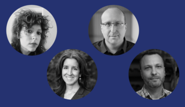 Black and white headshots of Hannah Zeavin, Elena Conis, Michael Yartsev and Rasmus Nielsen set against a blue background.