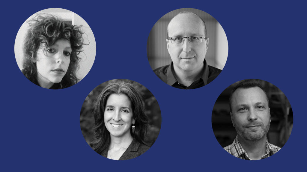 Black and white headshots of Hannah Zeavin, Elena Conis, Michael Yartsev and Rasmus Nielsen set against a blue background.