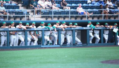 The Hawaii baseball team hung on the Les Murakami Stadium home dugout rail in a game against Ball State on March 1.