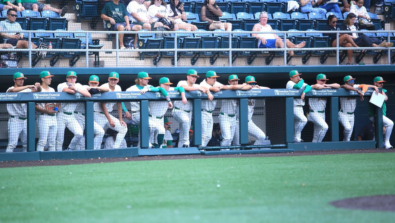 The Hawaii baseball team hung on the Les Murakami Stadium home dugout rail in a game against Ball State on March 1.
