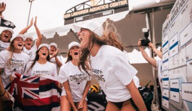 Hawaii water polo's Roni Perlman, middle, and teammates celebrated their Big West tournament championship victory over Long Beach State at the Ken Lindgren Aquatics Center in Long Beach, Calif., on Sunday.